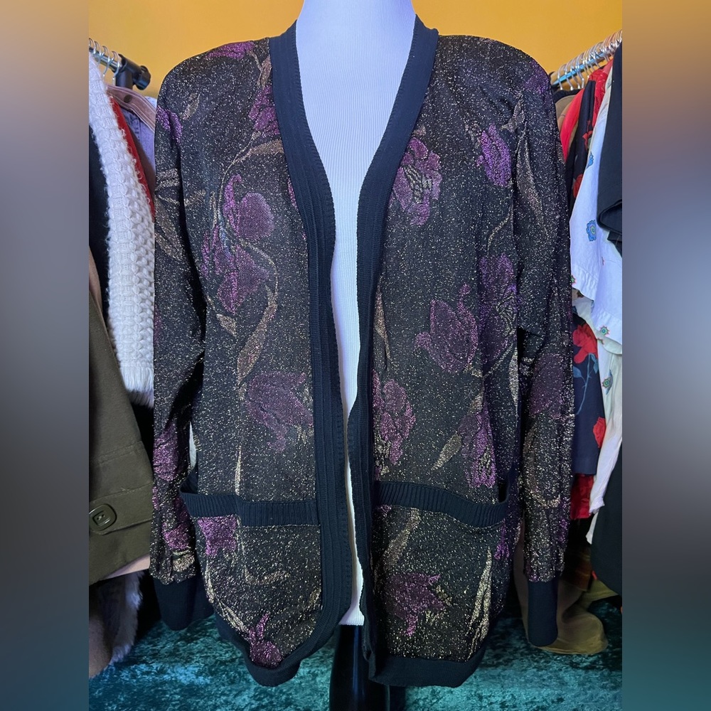 Black vintage shimmery kimono sweater with purple and gold flower design